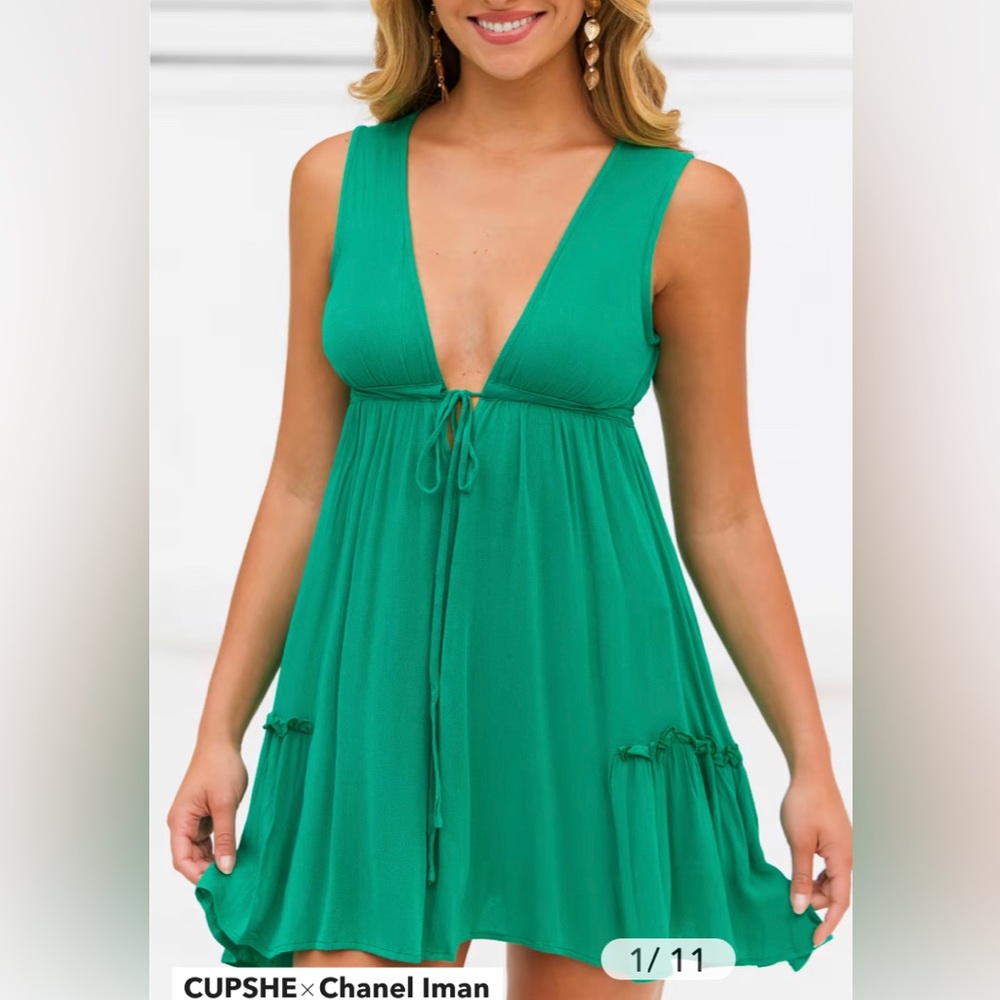 Cupshe Forest Green Ruffled Drawstring Flowy Dress